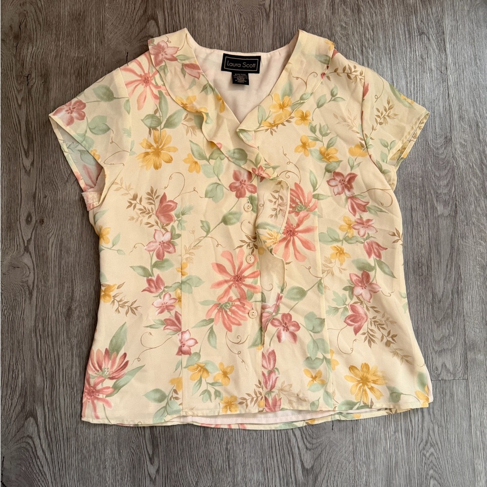 ❌SOLD❌Laura Scott Floral Print Blouse 8P tan red green yellow chiffon ruffle - Picture 2 of 5